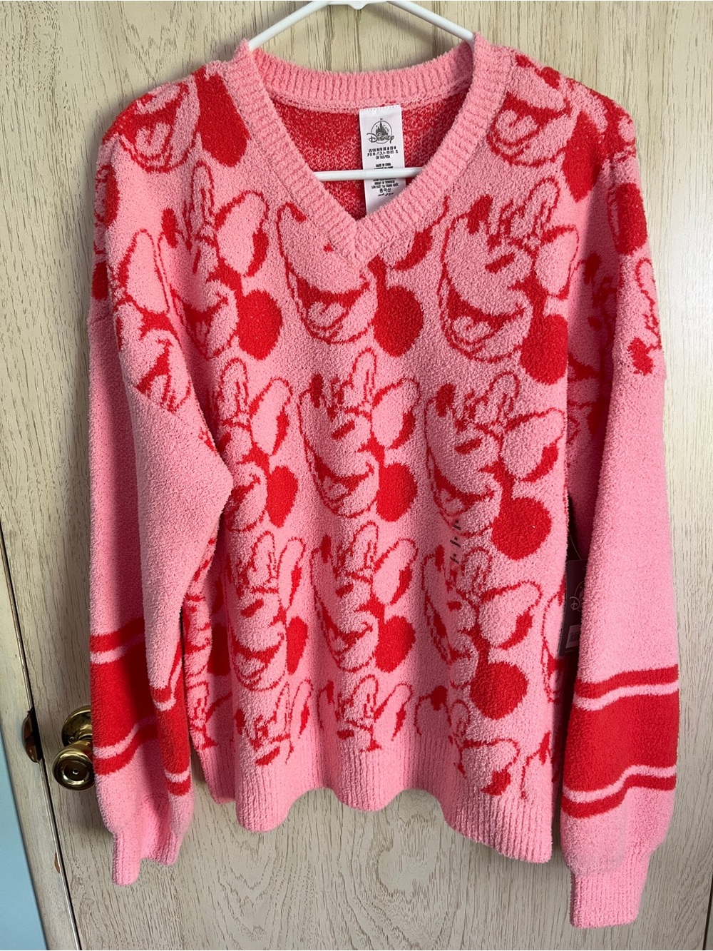 Disney Minnie Mouse Pink & Red Boucle V-Neck Pullover Sz Med NEW with tags